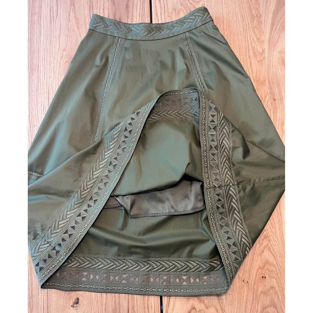 Elie Tahari Daisy Embroidered Poplin Midi Skirt Olive Green Boho-Chic Size 6 - Picture 4 of 10